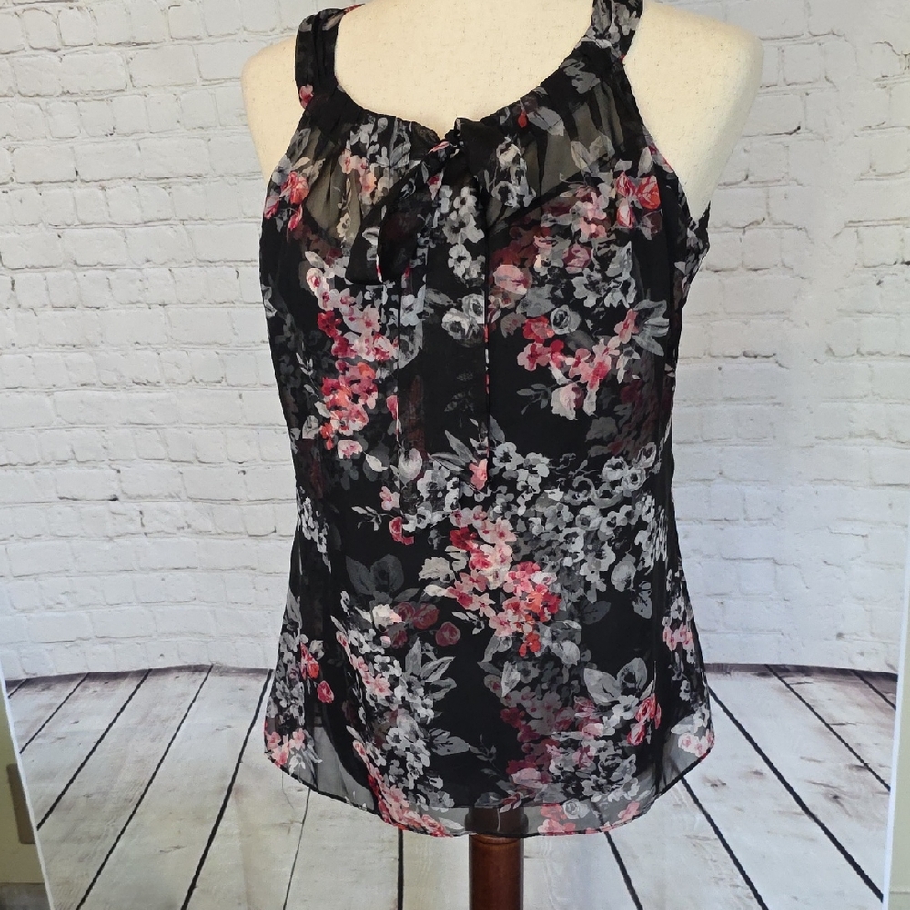 White House Black Market Floral Tie Neck Halter Top Blouse Lined Chiffon Size 2P
